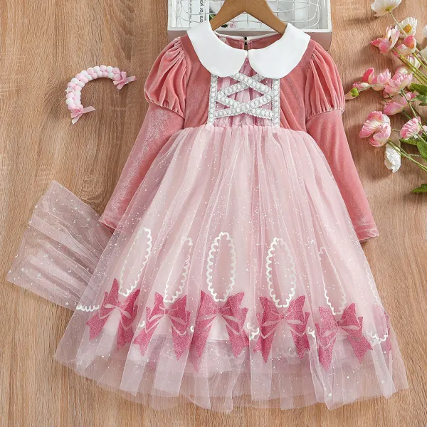 【2Y-10Y】Girls Pink Bow Printed Mesh Splicing Velvet Bubble Sleeve Party Dress - Thefolls.com 