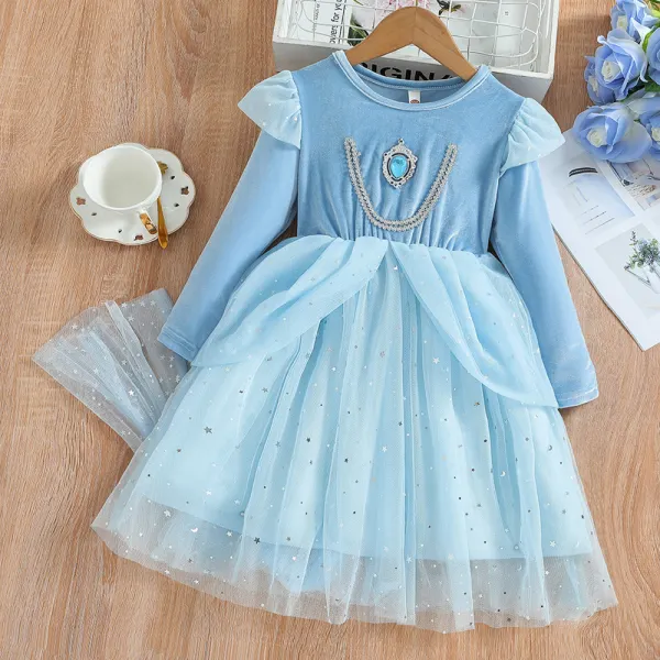 【2Y-10Y】Girl Sweet Dreamy Blue Ice Princess Puffy Mesh Princess Dress - Thefolls.com 