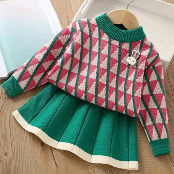 【18M-6Y】2-Piece Girls Cute Bunny Brooch Plaid Jacquard Round Neck Sweater And Skirt Set - Thefolls.com 