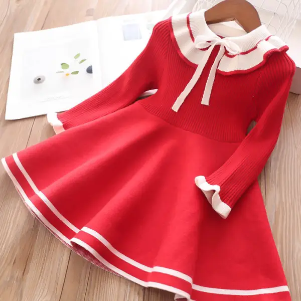 【3Y-13Y】Girls Cute Bow Sweater Dress - Thefolls.com 