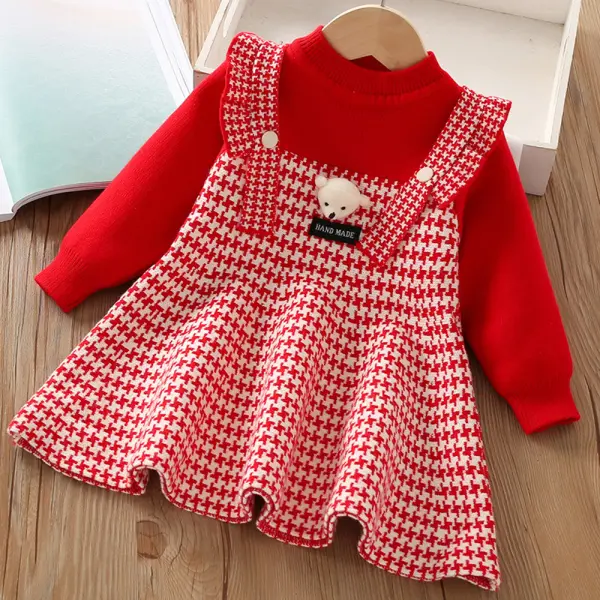 【18M-6Y】Girl Houndstooth Bear Decorated Long Sleeve Sweater Dress - Thefolls.com 