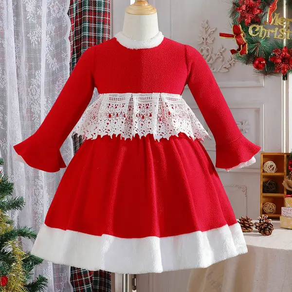 【12M-5Y】Girl Christmas Red Polar Fleece Warm Keep Warm Lace ColorBlock Flare Sleeve Dress - Thefolls.com 