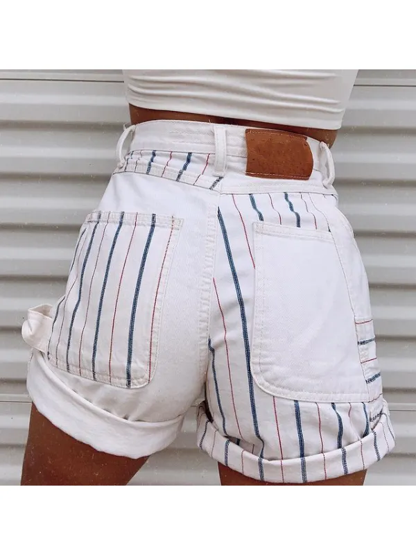 Fashion Striped Stitching Denim Shorts - Realyiyi.com 