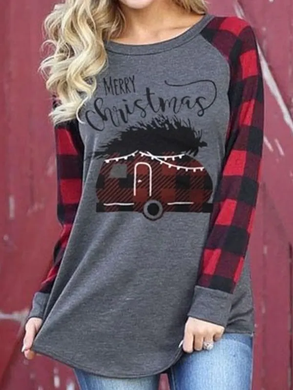 Crew Neck Christmas Print Casual Long-sleeved T-shirt - Oasisjoy.com 