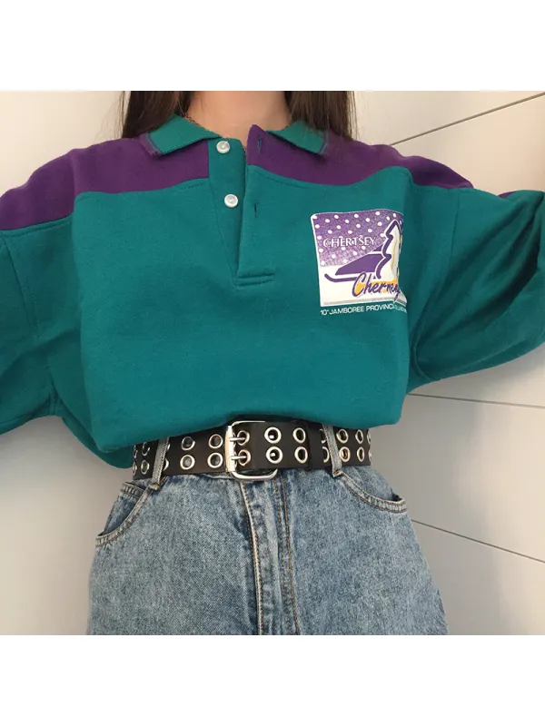 Vintage Casual Long-sleeved Color-block Printed Sweatshirt - Machoup.com 