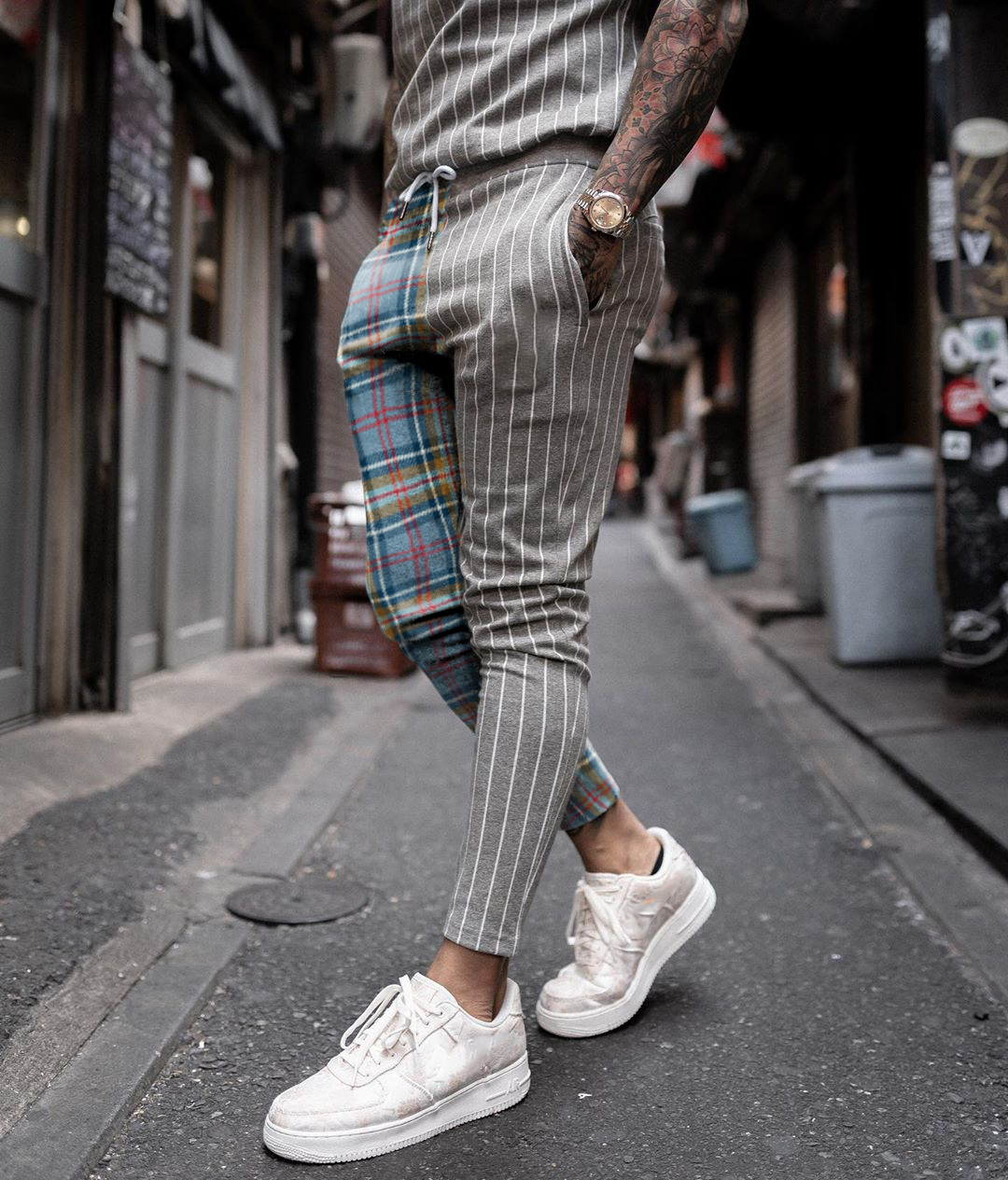 Street Fashion Color Matching Striped Plaid Trousers1