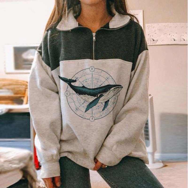 Printed Retro Long sleeved Casual Half Zipper Sweater Girls