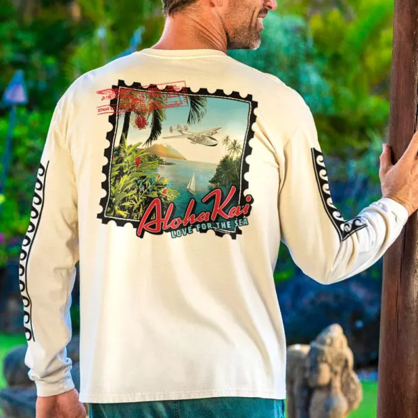 Классические футболки с круглым вырезом и длинными рукавами Aloha Kai с принтом кокосового ореха - Paleonice.com 