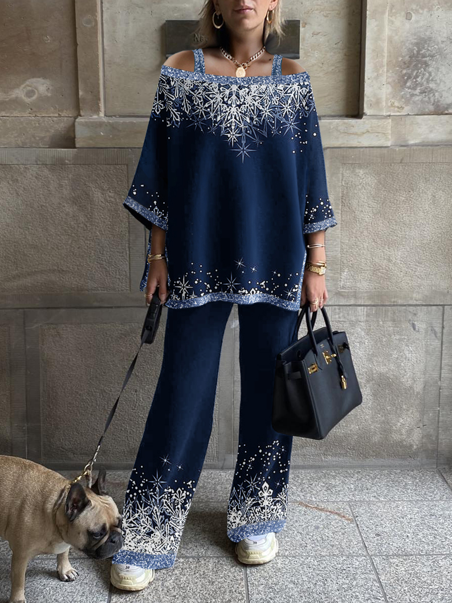 Ladies Fashion Snowflake Print Square Neck Drop Shoulder Suit