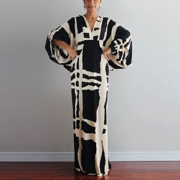 Fashion V Neck  Printed Colour Long Sleeve Maxi Dresses - Leanarea.chimpone.com 