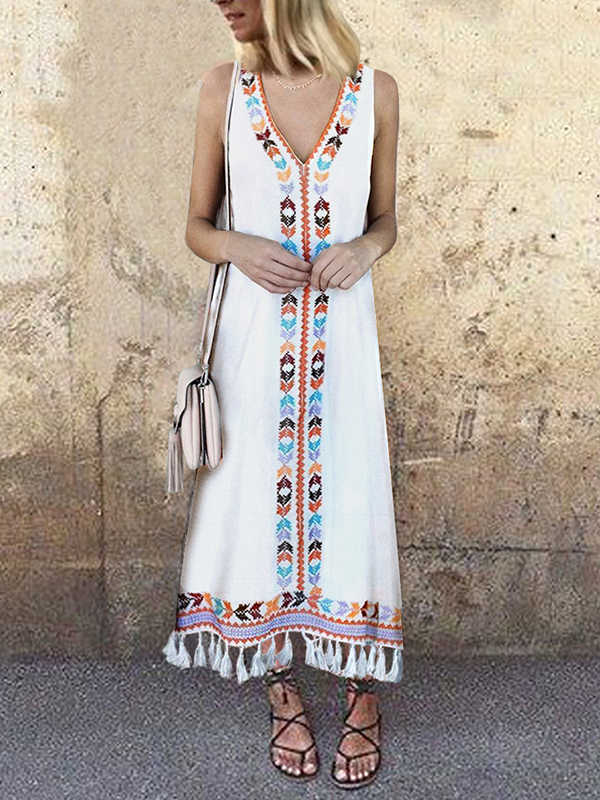 Sexy V Neck Floral Printed Tassel Sleeveless Maxi Dress