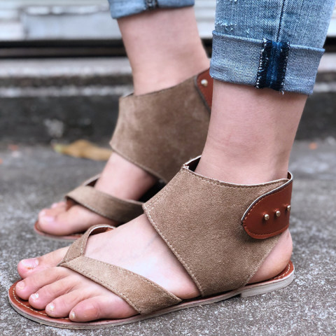 Color Block Flat Velvet Peep Toe Casual Flat Sandals
