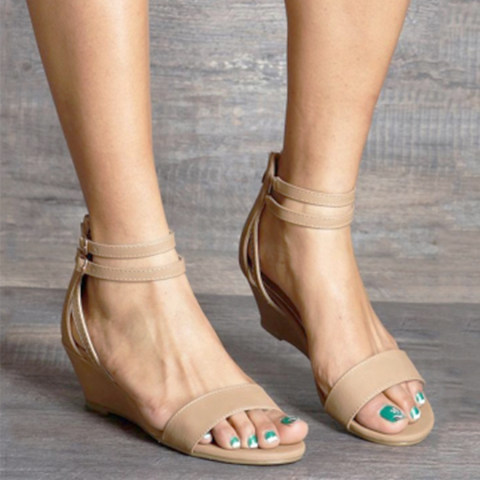 Plain Peep Toe Ankle Strap Date Wedge Sandals