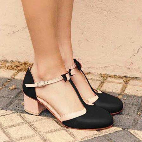 Color Block Chunky Mid Heeled Ankle Strap Round Toe Date Travel Pumps