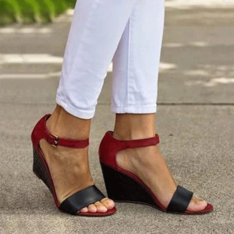 Color Block Ankle Strap Peep Toe Date Travel Wedge Sandals