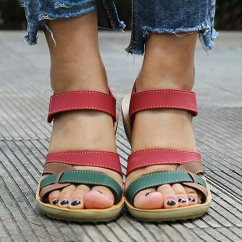 Color Block Peep Toe Casual Flat Sandals