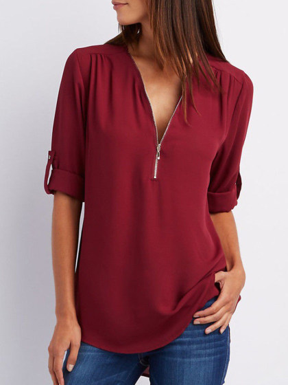 V-Neck  Zips  Plain  Roll-Up Sleeve  Long Sleeve Blouses