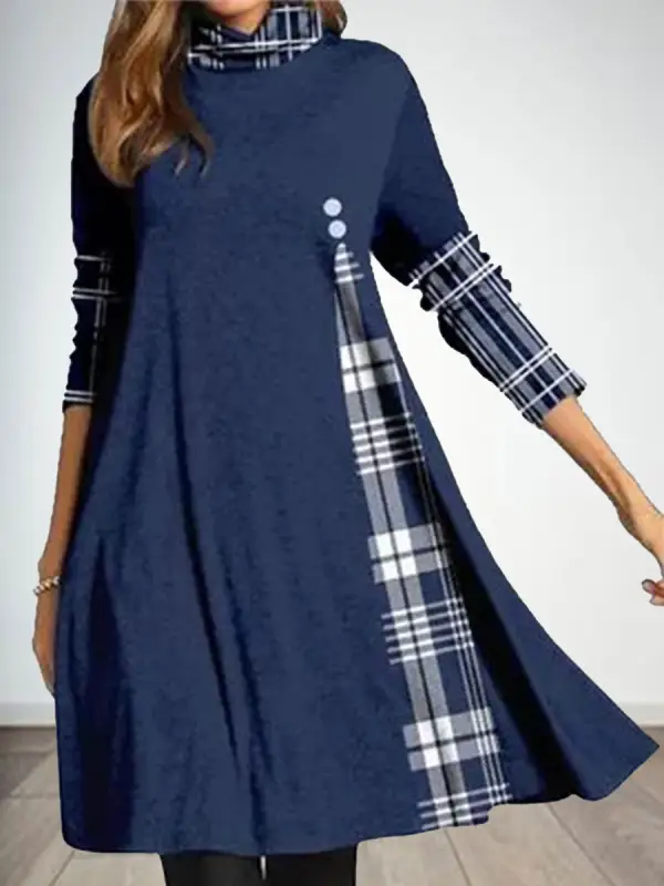 Fashion Plaid Print Stack Neck Long Sleeve Casual Shift Dress - Buildernice.com 