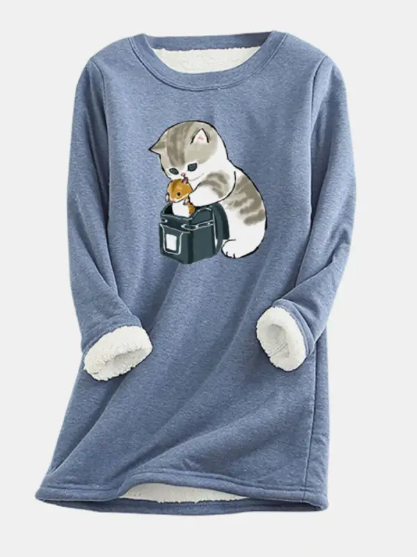 Round Neck Fun Cat Print Plus Velvet Long-sleeved T-shirt - Godeskplus.com 
