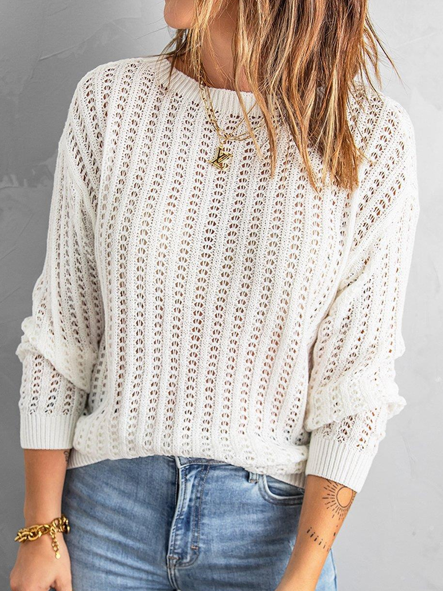 Casual Solid Color Crew Neck Cutout Long Sleeve Sweater