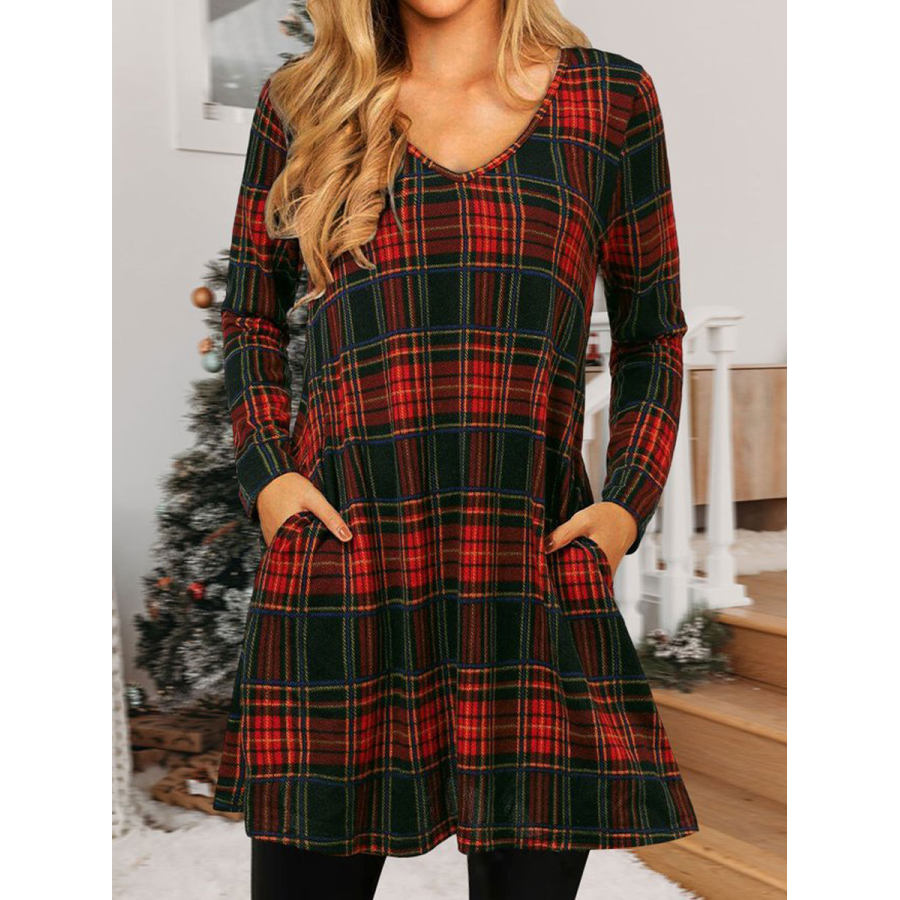 

Christmas Check Print V-neck Loose Short Dress