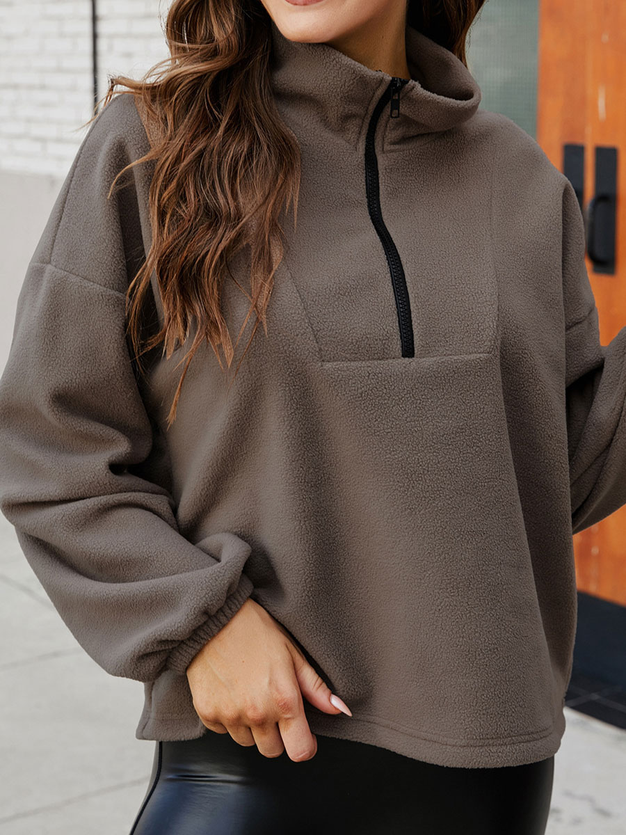 Zipper Fleece Solid Color Long Sleeve Fashion Stand Collar Plush Pullover Sweater