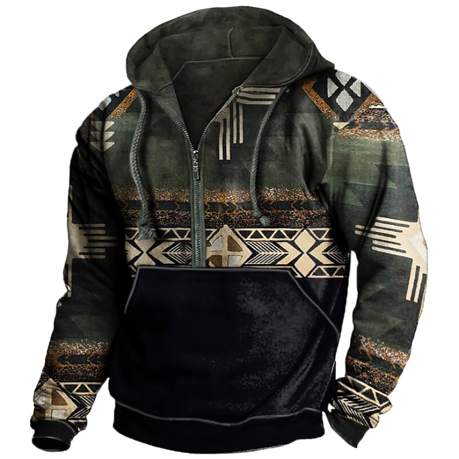 

Herren Vintage Ethnic Print Pocket Zip Hoodie