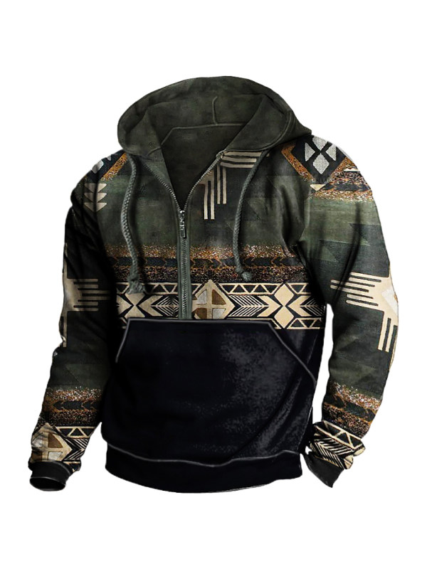 Men's Vintage Ethnic Print Pocket Zip Hoodie