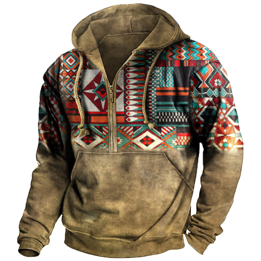 

Herren Vintage Ethnic Print Pocket Zip Hoodie