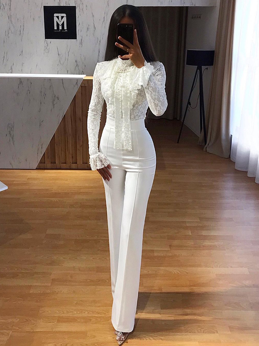 Ladies Elegant Fashion Slim Formal Dinner Party Lace Shirt Suit Pants Set