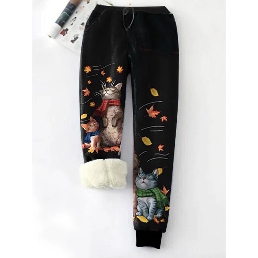 

Casual Retro Cat Print Plush Sweatpants