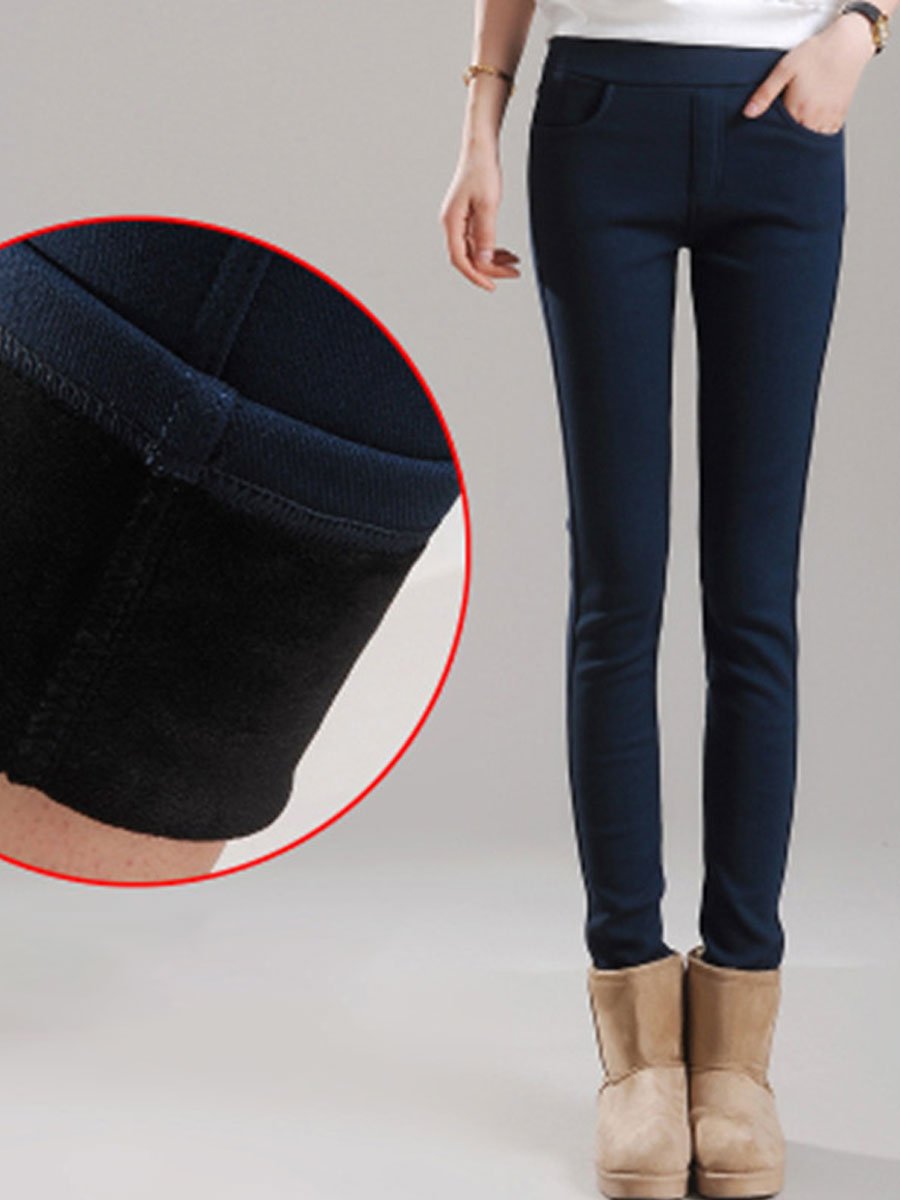 Casual Solid Color Plus Velvet Thick Elastic Waist Warm Pants