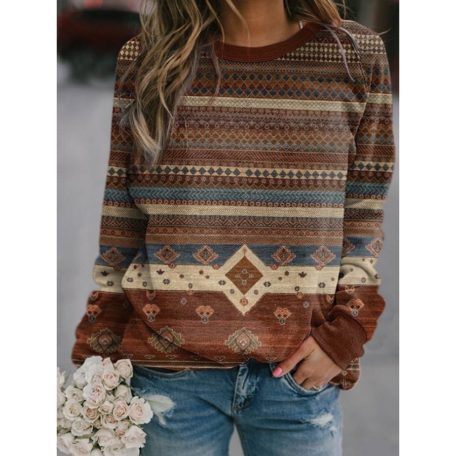 

Women's Retro Ethnic Print Crew Neck Sweatshirt