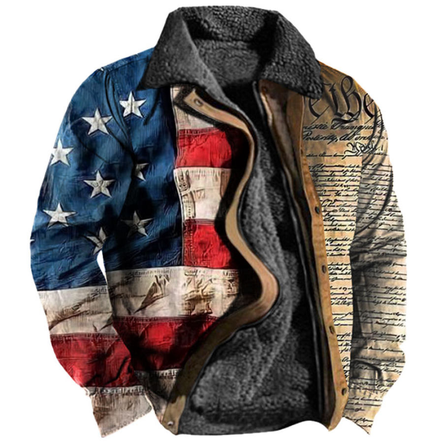 

Men's Vintage American Flag Print Lined Fleece Zip Tactical Shirt Jacket