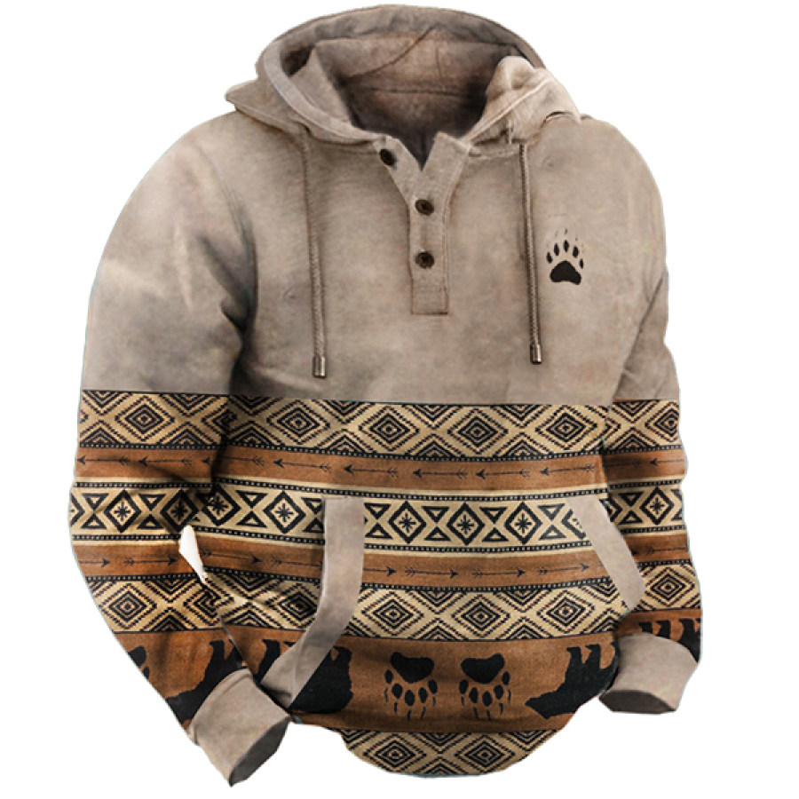 

Herren-Hoodie Mit Verdicktem Henley-Kragen Und Western-Retro-Print Für Den Außenbereich