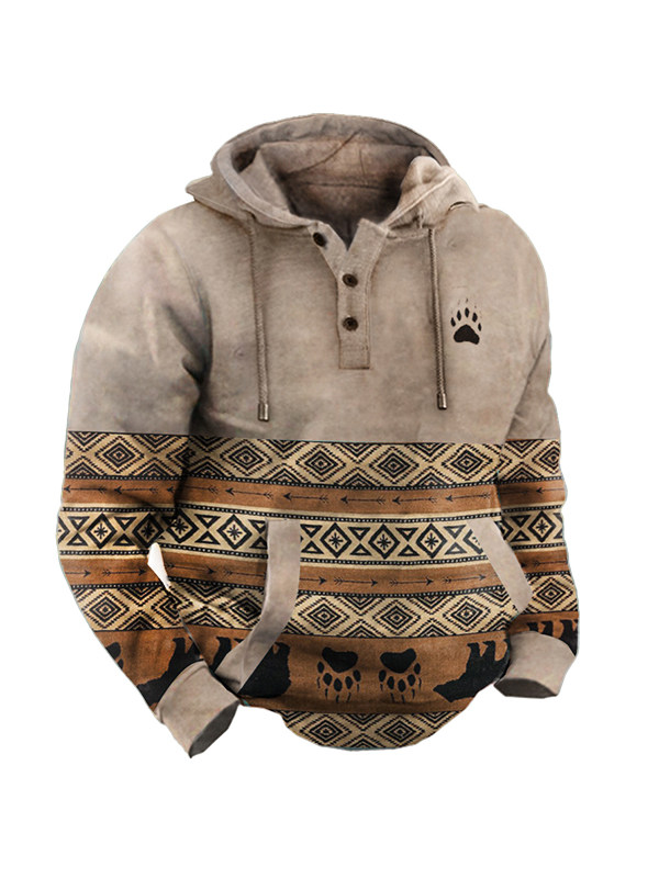 Men's Western Retro Print Outdoor Thickened Henley Collar Hoodie