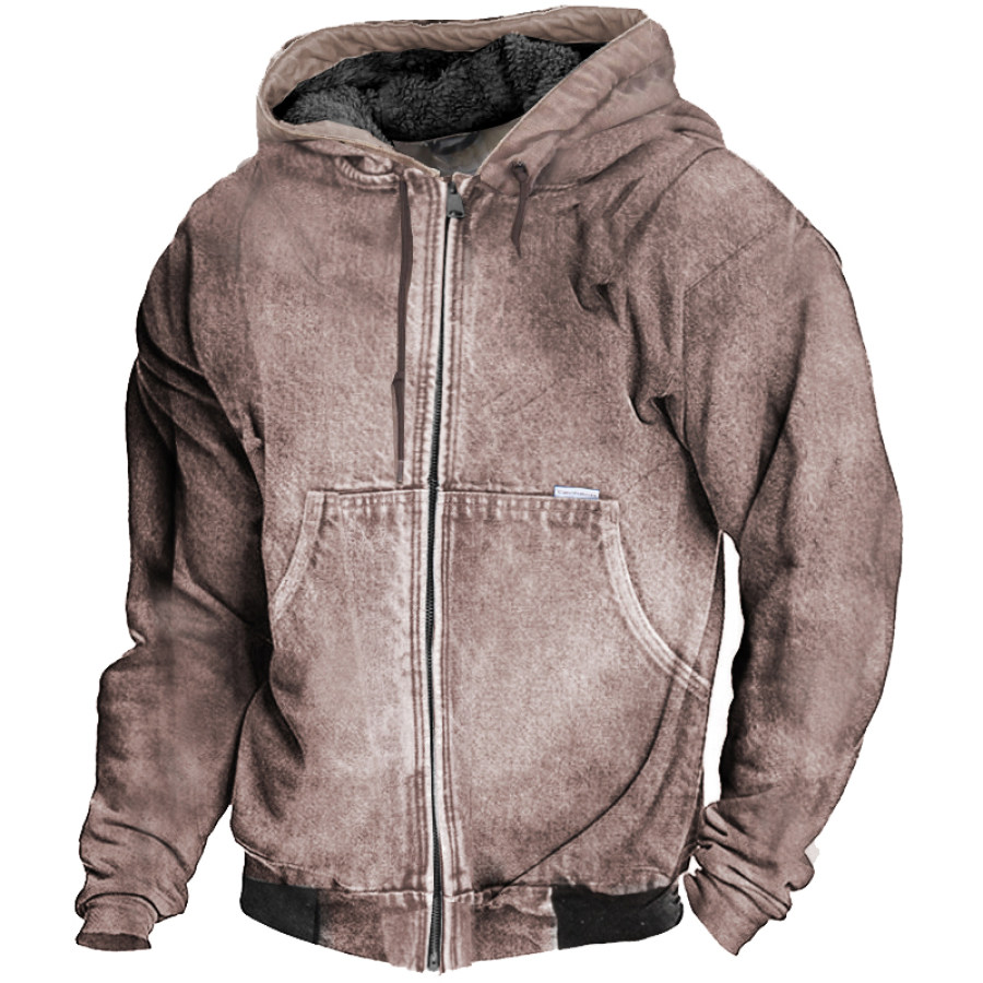 

Men's Outdoor Vintage Denim Print Jacket Fleece Hooded Jacket