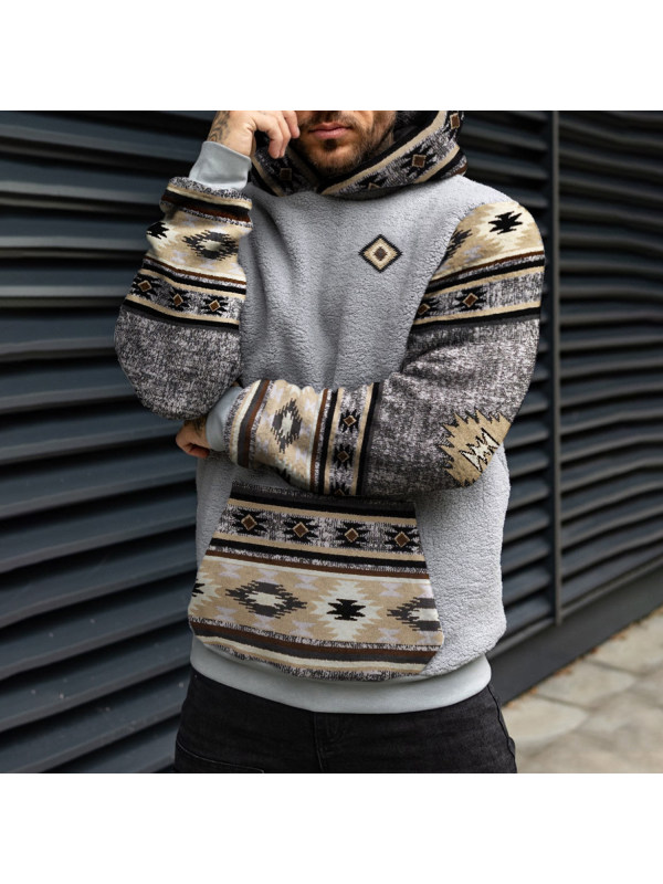 Retro Men's Casual Ethnic Geometric Print Sherpa Hoodie