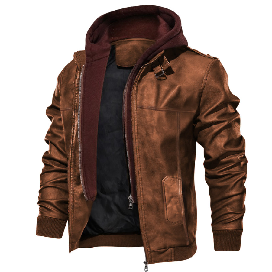 

Men's Hooded Fake Two Piece Leather Jacket