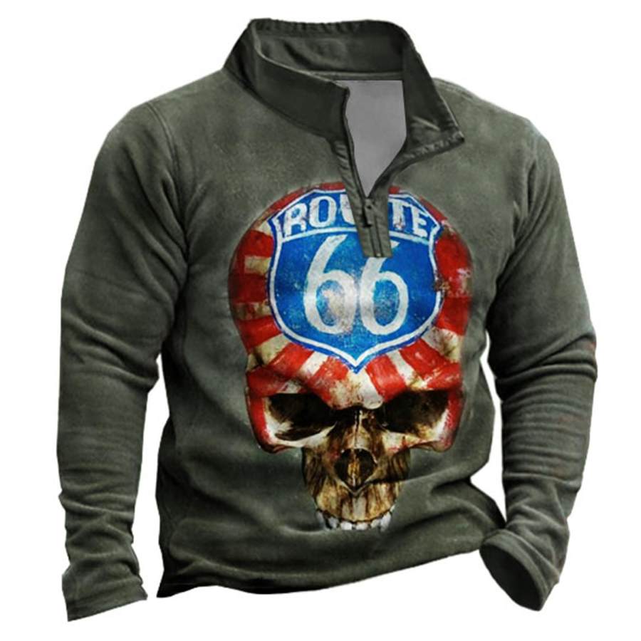 

Men's Vintage Route 66 Skull Print Zipper Sweatshirt