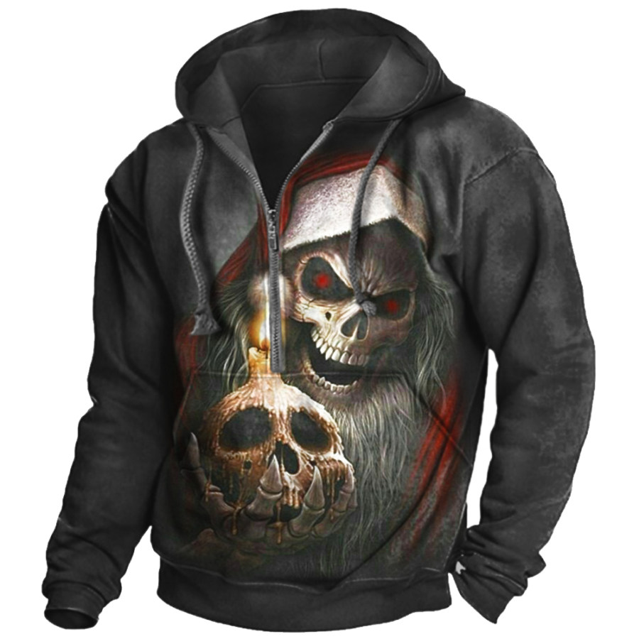 

Men's Vintage Skull Santa Print Hooded Pocket Sweatshirt