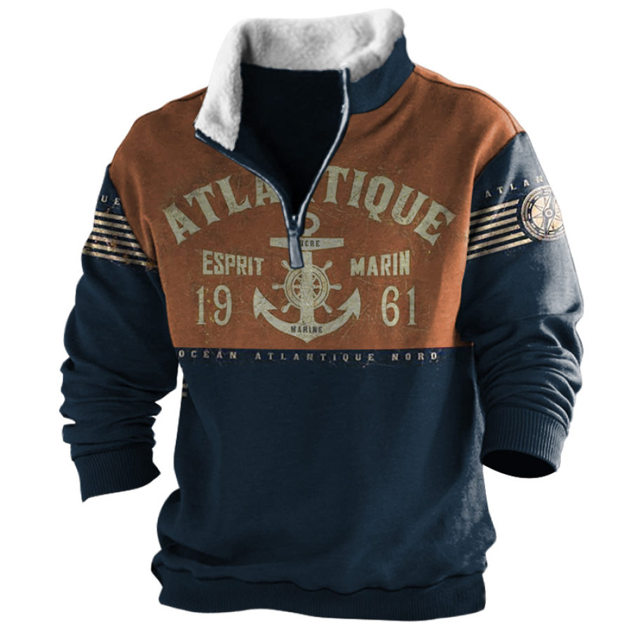 

Men's Vintage Nautical Anchor Compass Print Stand Collar Color Block Sweatshirt