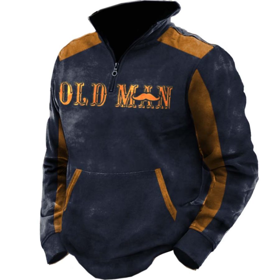 

Old Man Men's Vintage Colorblock Stand Collar Pocket Sweatshirt