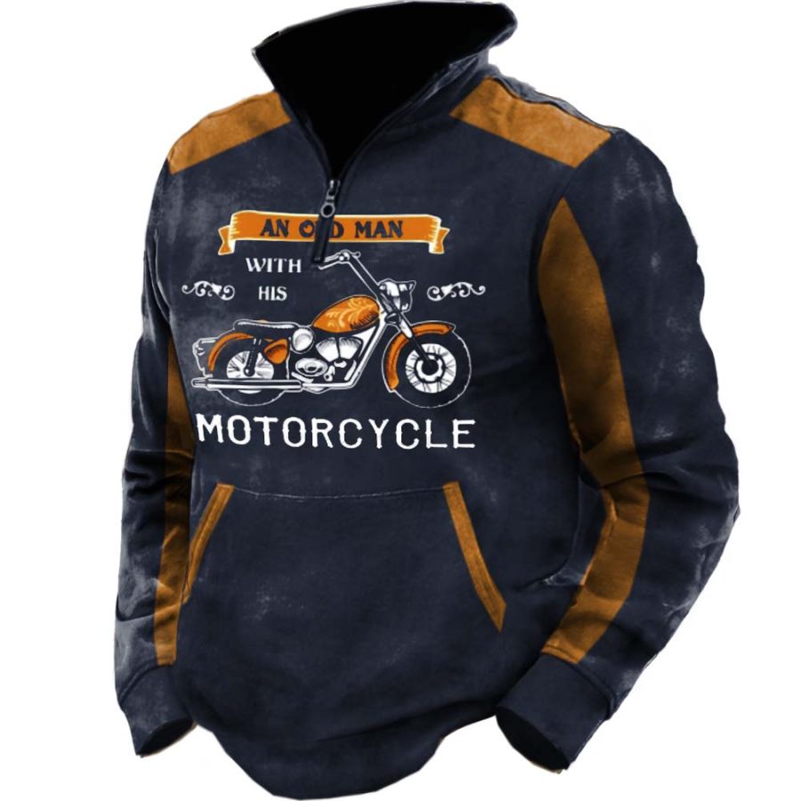 

An Old Man With His Motorcycle Men's Vintage Colorblock Stand Collar Pocket Sweatshirt