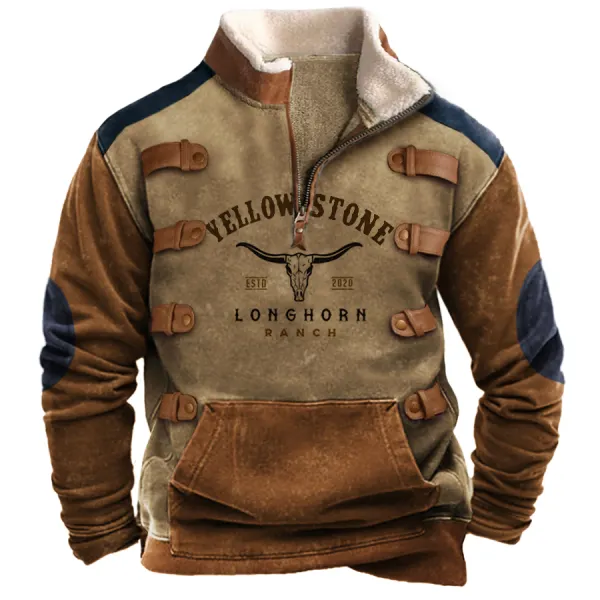 Men's Vintage Western Yellowstone Zipper Stand Collar Sweatshirt - Sanhive.com 