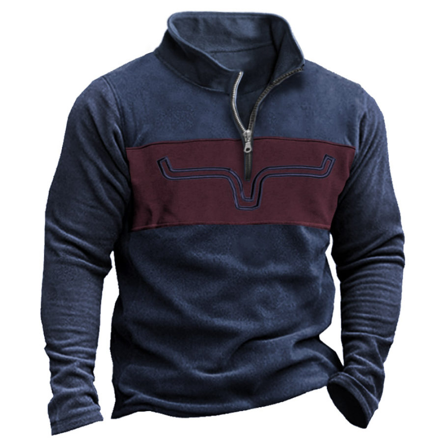 

Men's Polar Fleece Panel Cowboy Embroidered Quarter Zip Sweatshirt