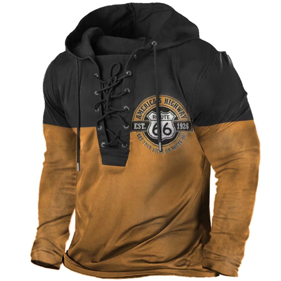 

Men's Vintage American Route 66 Print Lace-Up Hooded Long Sleeve T-Shirt