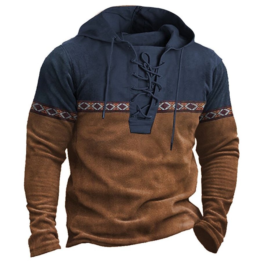 

Mens Outdoor Vintage Graphic Color Patchwork Lace Up Hoodie
