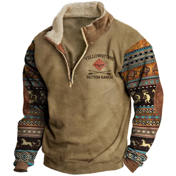 Men's Vintage American West Yellowstone Dutton Danch Zipper Stand Collar Sweatshirt - Nikiluwa.com 
