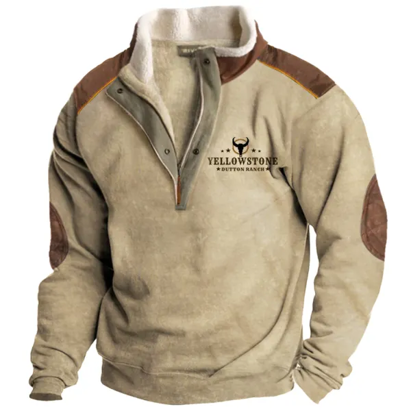 Yellowstone Fleece Sweatshirts Men's Vintage Western Yellowstone Zipper Stand Collar Fleece Elbow Patch Sweatshirt 
